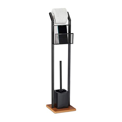 Relaxdays Toilet Accessory Set with Tray, Paper Holder, Toilet Brush with Holder, Square Base, Wooden Look, Black