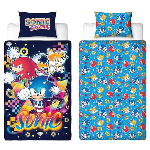 Sonic The Hedgehog Design Gaming Single Duvet Cover Set - Reversible 2 Sided Bedding with Tails and Knuckles Including Matching Pillow Case - Perfect For Kids Bedroom