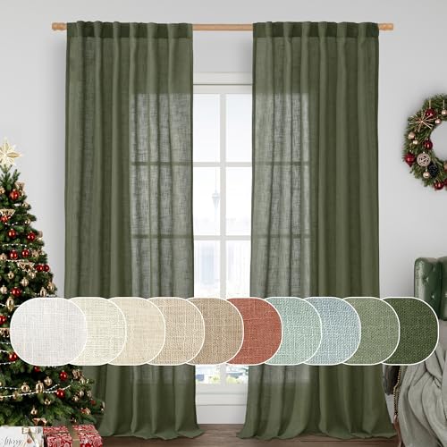 LAMIT Linen Semi Sheer Curtains 96 inches Long 2 Panels Set, Light Filtering Panels Back Tab and Rod Pocket Floor to Ceiling Curtains for Bedroom/Living Room, Olive Green, 52 x 96 Inch
