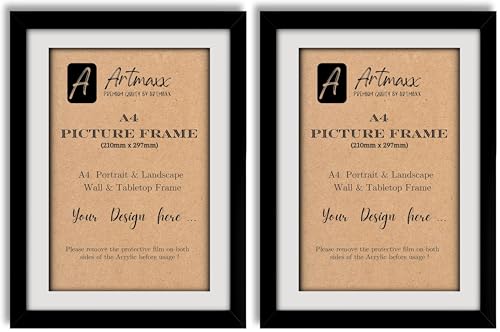 Artmaxx A4 Black Photo Frame, for Graduation Certificates and A4 Pictures, for Table Top or Wall Mount, Transparent, Non-breaking Acrylic Glass Front, Solid Wood (Pack of 2)