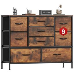 GoaHi Chest of Drawers, Large Dressers with Metal Frame and MDF Wooden Top Board, Adjustable Feet, Anti-Tip Safety, Storage Unit with 9 Drawers for Bedroom, Living Room, Closet, Office