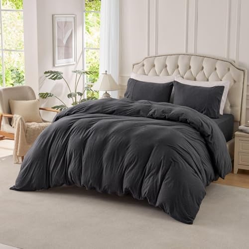 PURE ERA Jersey Knit Duvet Cover Set 100% T-Shirt Cotton Super Soft Comfy 3pc Bedding Set with Zipper Closure (Heather Charcoal Grey, King)