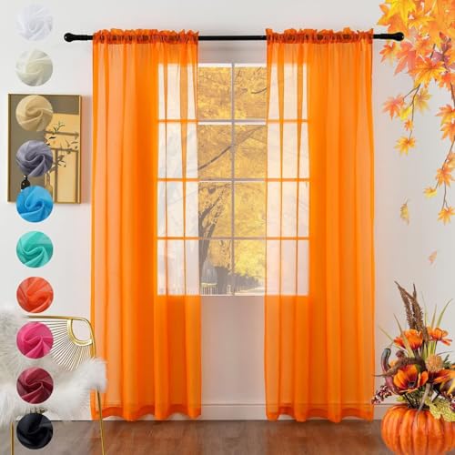 youleyar Solid Sheer Rod Pocket Curtain Voile Draperies 2 Panels White Beige Orange Grey Coffee 60 Inch Width 84 Inch Long 1 Pair for Kitchen Bedroom Children Living Room Yard(Orange,60W???84L)