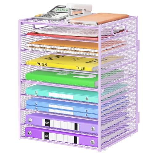 Cawukege 9 Tier Paper Organizer with Handle, Large Capacity Desk Organizer Mesh File Folder Organizer Letter Paper Tray Desktop Document Sorter for Classroom, School, and Office Organization- Purple
