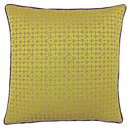 "Riva Paoletti Pimlico Polyester Filled Cushion - Gold Yellow - Geometric Diamond Design - Jacquard Weave - Contrasting Purple Piped Edges - 65% Polyester 35% Viscose - 45 x 45cm (18"" x 18"" inches)"