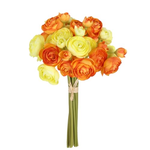 IPOPU Artificial Ranunculus Silk Flowers with Stems 12PCS Mini Fake Flowers for DIY Wedding Bouquet Bridal Shower Decorations Floral Filler Flowers Centerpieces (Orange Yellow)