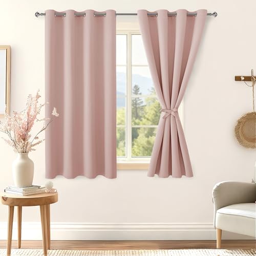 Hiasan Blackout Curtains for Bedroom - Thermal Insulated Light Blocking Window Curtains for Living Room/Kids Room, 2 Drape Panels Sewn with Tiebacks, Blush, 52 x 45 Inch