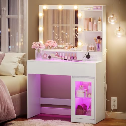 VASAGLE Dressing Table with Mirror and Lights, 80 x 40 x 144.3 cm - Makeup Desk with RGB Lighting, Power Outlets, USB Ports, Glass Cabinet, Drawers, Cloud White, KAILYN Collection RDT245WB02