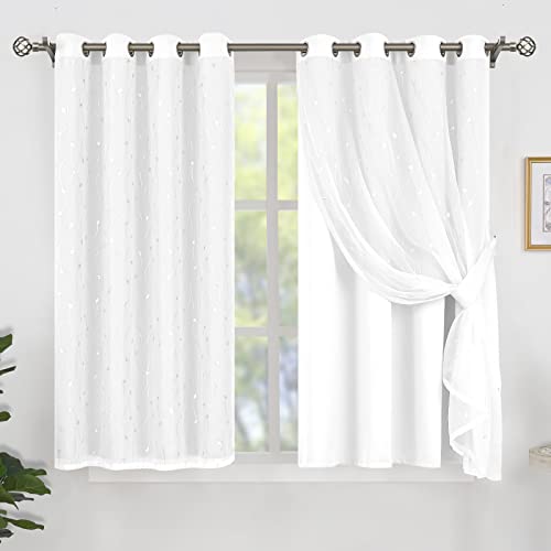 BGment White Blackout Curtains with Sheer Overlay, Silver Printed Tulle Double Layer Grommet Thermal Insulated Window Curtains for Bedroom/Living Room, 2 Panels Each 52 x 63 Inch, Pure White