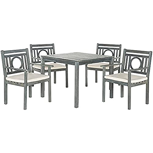 SAFAVIEH Wooden Outdoor Dining Set - Set of 5, Patio Table and Chairs, in Ash Grey and Beige