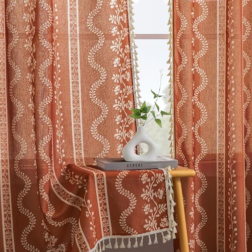 Terracotta Boho Sheer Curtains for Bedroom Living Room, 2 Panels Moody Funky Floral Light Filtering Drapes 72 Inch Long
