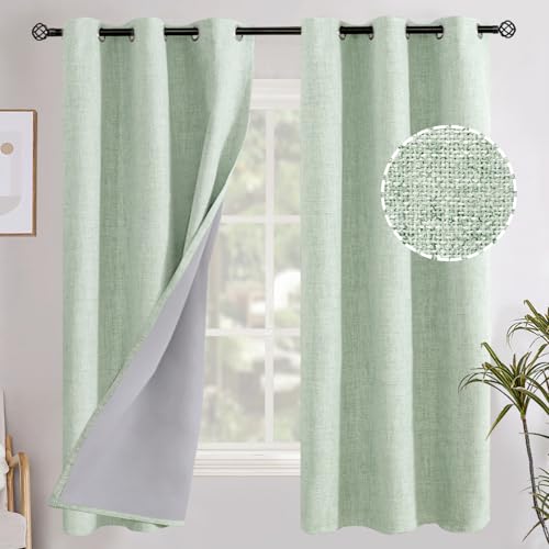 YoungsTex Sage Green Linen Blackout Curtains 63 Inch Length 2 Panels for Bedroom, Room Darkening Window Drapes with Grommet Thermal Insulated for Winter Living Room, 42 X 63 Inch