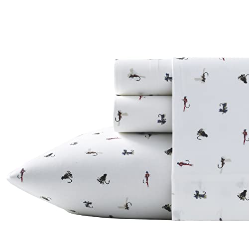 Eddie Bauer - Twin XL Sheets, Cotton Percale Bedding Set, Crisp & Cool Home Decor (Fishing Flies White, Twin XL)
