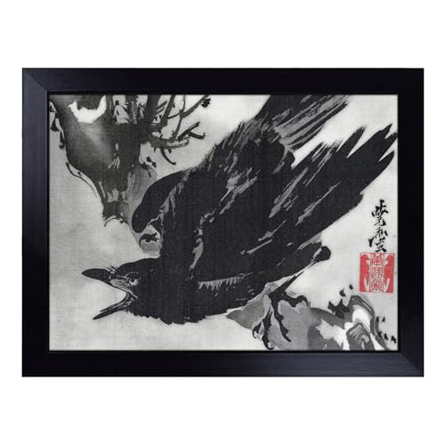 Lap Tray with Bean Bag Cushion, Crow On A Branch By Kawanabe Kyosai - Handmade in the UK, Raised Wooden Edge, Padded Cushion, Heat-Resistant Wipe-Clean Surface, for Meals, Laptops and Crafts