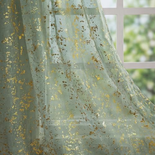 "Horaldaily Sage Green Sheer Curtains for Living Room Bedroom,Gold Sequin Glitter Metallic Foil, Scenery Light Filtering Window Curtains, 52"" W x 84"" L, Set of 2 Curtain Panels"