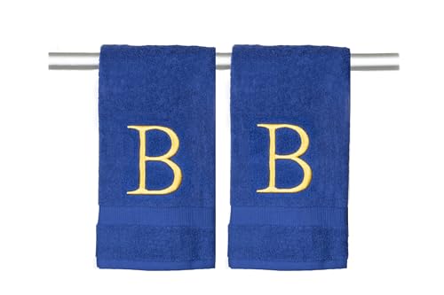 Navy with Gold Monogrammed Hand Towels for Bathroom - Set of 2 Letter B - Luxury Hotel Quality Initial Towels For Powder Room, Spa, GOTS Organic Certified