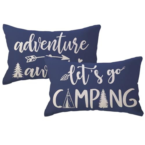 Adventure Camper Decorative Lumbar Pillowcase Double-Sided Let???s Go Camping/Adventure Awaits Throw Pillow Covers Cabin/Camper Cushion Covers 12x20,2Pack for Sofa/Couch/Porch (Blue)