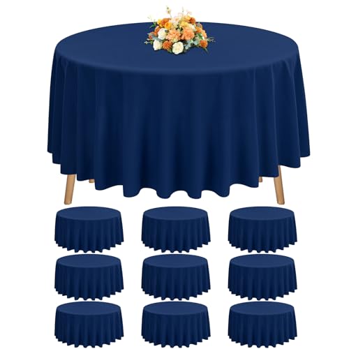 FXKS 10 Pack Navy Blue Round Tablecloth, 90 Inch Circle Polyester Table Cloth, Washable Fabric Stain and Wrinkle Resistant Table Cover for Wedding Parties Banquet Reception Dining