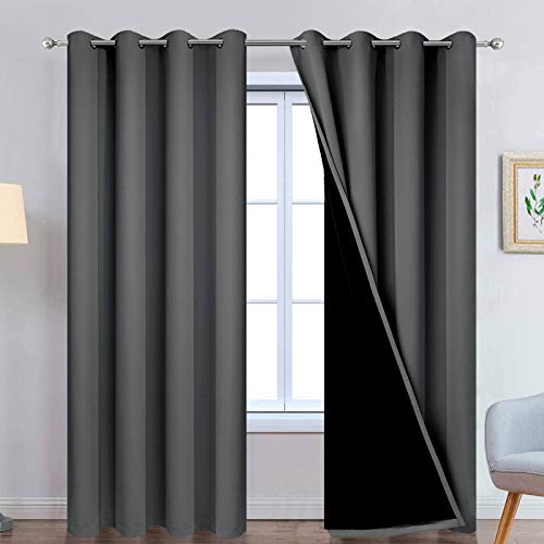 "Yakamok Dark Grey 100% Blackout Curtains 96 Inches Long 52"" Wide 2 Panels - Blackout Curtain Panels for Bedroom, 2 Thick Layers Grommet Top Thermal Insulated Drapes with Black Liner for Living Room"