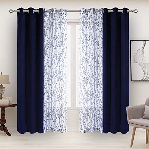 Bonzer 4 Panels Set Mix and Match Curtains for Bedroom Living Room - 2 Pieces Branch Print Sheer Curtains & 2 Pieces Blackout Curtains Thermal Grommet Window Drapes, 37x84 Inch/Panel, Indigo