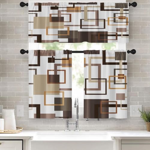 Tayney Brown Kitchen Window Curtains Valance and Tier Set 36 Inch, Abstract Squares Geometric Rod Pocket Short Tier Curtain for Bathroom, Modern Small Cafe Drapes for Kitchen Decor