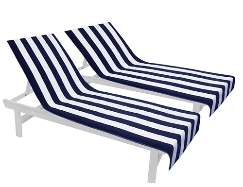 COTTON CRAFT Palm Springs Cabana Stripe Set of 2 Terry Cotton Lounge Chair Covers, 32 inch x 82 inch with 7 inch Flap, Navy Blue and White