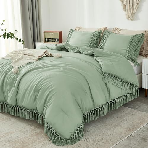 Andency Sage Green Comforter Set Full, 3 Pieces Boho Tassel Bedding - Lightweight Soft Comforter Sets(79x90In) and 2 Pillowcases, All-Season Fluffy Fringe