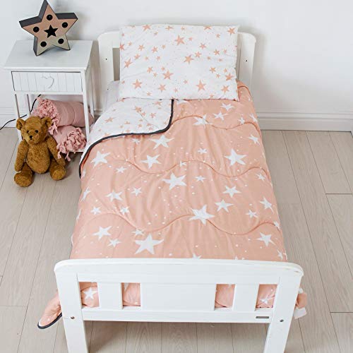 Rest Easy Toddler Cot Bed Coverless Duvet Bedding Including Filled Pillow & Pillowcase - Reversible, Washable Coverless Duvet - Perfect For Travelling & Sleepovers, 4 Tog Pink Stars Design