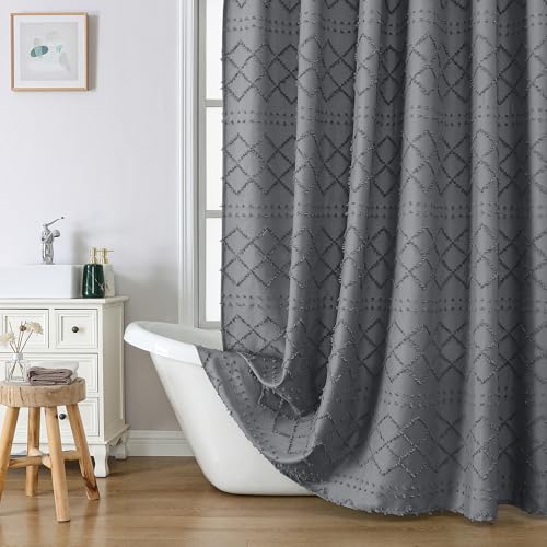 "Lecloud Grey Shower Curtain for Bathroom, Plaid Striped Tufted Textured Hotel Bathroom Decor Curtains, Farmhouse Boho Fabric Shower Curtain Set, 72"" W x 78"" L"