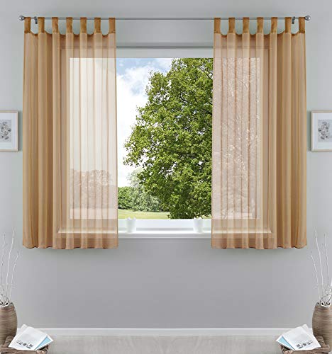 Gardinenbox Pack of 2 Transparent Curtains Set Living Room Voile Tab-Top Curtain with Lead Band Closure, 100% Polyester, Sand, H x W 175 x 140 cm