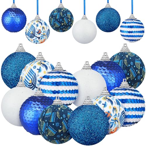 Yuxung 12 Pcs Hanukkah Ball Tree Ornament, Star of David Hanukkah Ornament White and Blue Hanging Decorations