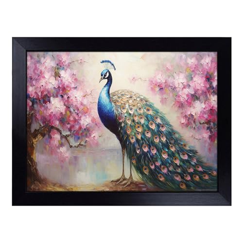 Lap Tray with Bean Bag Cushion, Peacock Impressionism - Handmade in the UK, Raised Wooden Edge, Padded Cushion, Heat-Resistant Wipe-Clean Surface, for Meals, Laptops and Crafts