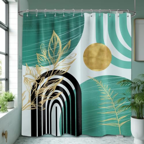 QGHOT Teal and Gold Shower Curtain, 72x72 in, Mid Century Modern Turquoise - Blue and Green Theme, Boho Pattern Design, Abstract Geometric MCM Bathroom Decor, Waterproof Polyester Fabric, with Hooks