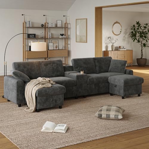 FAVSH Modular Sectional Sofa W/ 2 Movable Storage Ottomans,U Shaped Couch for Living Room,Corduroy Upholstered Sofa W/Hidden Storage Box,Charging Station & Cup holders,Grey,315 x 135 x 81 cm