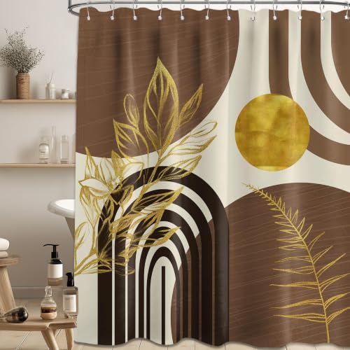 QGHOT Boho Mid Century Modern Shower Curtain Black and Brown Shower Curtains for Bathroom Decor Beige and Dark Tan Gold Leaves Abstract MCM Bath Curtain Set, Waterproof Fabric 72x84 inch