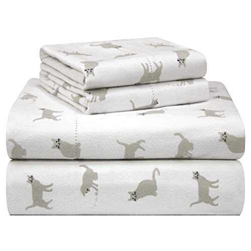 pointehaven 180 GSM Velvet Feel Luxury 100% Cotton Printed Flannel Sheet Set,4PCS, Queen, Cats - Warm & Cozy - Pre-Shrunk -Deep Pockets - Elastic All Around-Comfy Double Brushed -