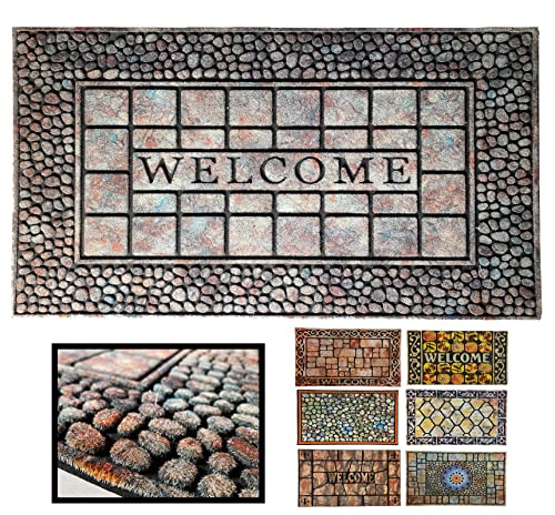 LUCA HOME - Entrance Doormat with Rubber Flocked Texas 45 x 75 cm Non-Slip Base – Easy to Clean – Absorbent Padded Doormat – Femat for Outdoor and Indoor (Welc Stone)