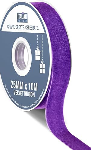 Italian Options Velvet Ribbon, Luxury, Single-Face Velvet Ribbon for Crafting, Christmas, Bows, Hair, Cakes, Weddings, Ornaments, Gift Wrapping, Flowers, 25mm x 10 Metre Roll, Purple