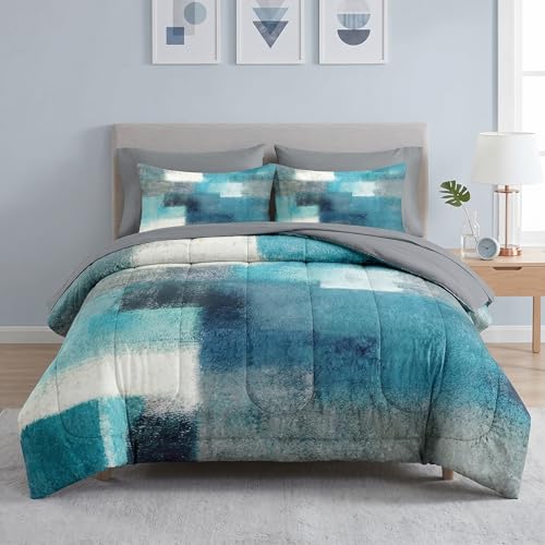 WeCozy 5 Pcs Twin Size Comforter Set with Pillowcase & Sham, Turquoise Grey Painting Bedding Set for Kids and Adults, Teal Contemporary Gray Bed in a Bag with Flat Sheet and Fitted Sheet