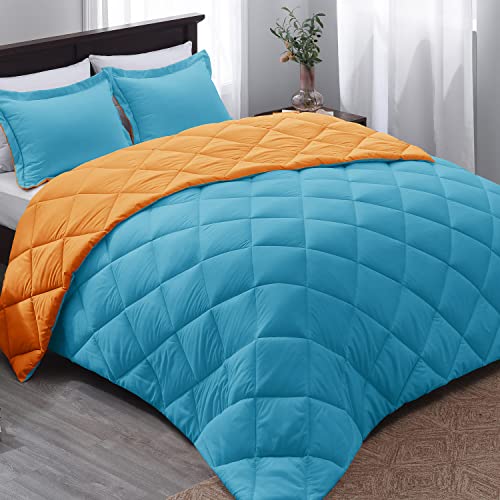"Basic Beyond King Size Comforter Set - Peacock Blue and Orange, Reversible for All Seasons - 1 Comforter (104""x92"") and 2 Pillow Shams (20""x36""+2"")"