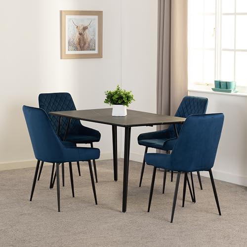 Seconique Marlow Dining Set with Avery Chairs in Black Marble Effect/Black/Sapphire Blue Velvet