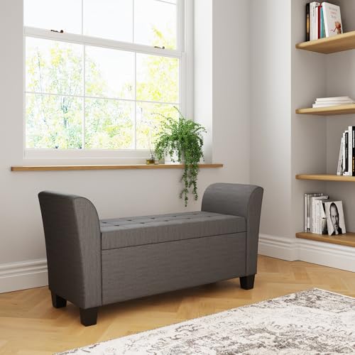 GFW Verona Window Seat Ottoman Storage Bench in Charcoal Grey, Upholstered Buttoned Seat with Hidden Storage & Wooden Feet