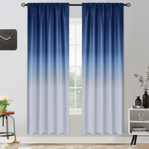 Yakamok Rod Pocket Ombre Room Blackout Curtains 72 Inch Length, Gradient Blue and Grey White Light Blocking, 2 Panels, 52 x 72 Inch