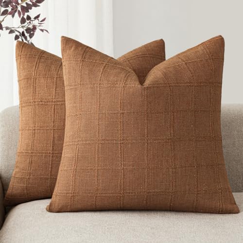 Foindtower Set of 2 Decorative Linen Check Throw Pillow Covers Neutral Farmhouse Lumbar Cushion Covers Modern Boho Home Decor for Sofa Chair Couch Bedroom Living Room,12??24 Inch,Orange