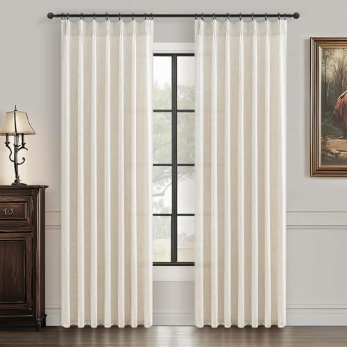 "Pinch Pleat Thick Linen Viral Curtains 84 Inch Length 2 Panels Set for Living Room,Cream Beige Neutral Pleated Semi Sheer Curtain Light Filtering Privacy Let Light in Bedroom Window Drapes 40"" Wx84 L"