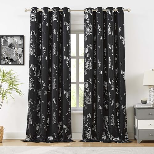 "Ronaldecor Rose Leaf Blackout Curtains 84 Inches Long for Bedroom Black Sliver Pattern Linen Curtain Panels Darkening Thermal Insulated Soundproof Grommet Top Window Treatments Set, 52"" W, 2 Panels"