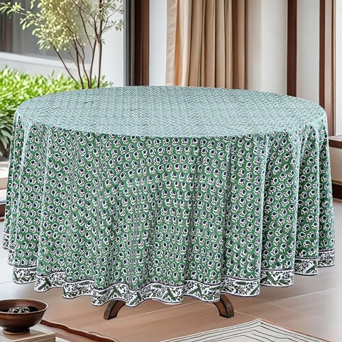 Ridhi Round Tablecloth Hand Block Print 100% Cotton Reusable Basil Green 132 Inch Table Cover Decorative Everyday Use for Dining, Home, Party, Wedding, Farmhouse, Party Gift for Spring, Mother's Day