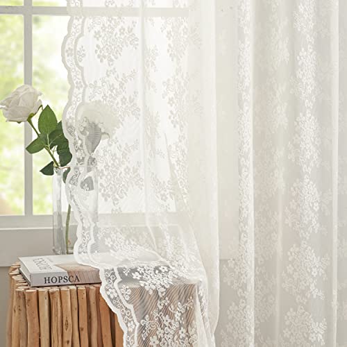 YJ YANJUN Sheer Lace Curtains for Bedroom - Ivory Elegant Victorian Curtains with Scalloped Edges, Floral Pattern - 52 x 63 Inch, Ivory
