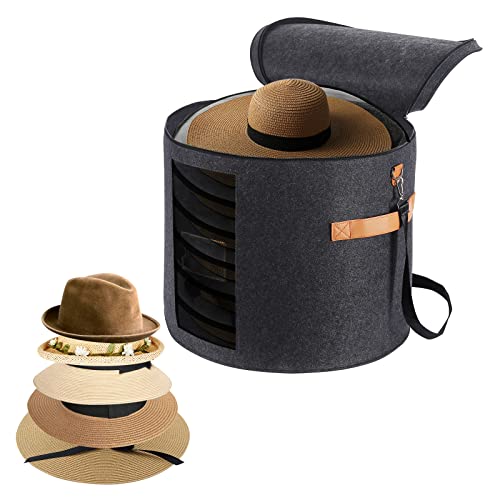 Large Hat Storage Box 19'' for Women and Men - Foldable Round Box With Lid, Felt Stuffed Animal Toy Storage Bin, Dark Gray