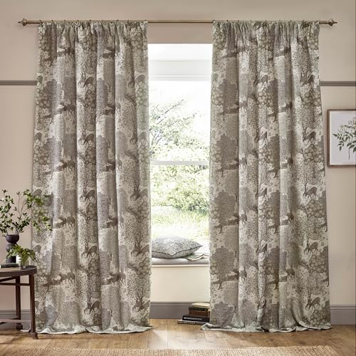 Morris&Co. Brook Pencil Pleat Curtain Pair – Lined Jacquard Woodland Tapestry-Inspired Drapes (Linen - 229x229cm)